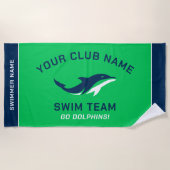 グリーンパーソナライズされたネイビースイムチーム泳ぐ人名 ビーチタオル (正面)