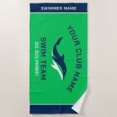 グリーンパーソナライズされたネイビースイムチーム泳ぐ人名 ビーチタオル (正面)