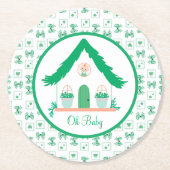 グリーンパーソナライズされたハウスOhベビーシャワー ラウンドペーパーコースター (正面)
