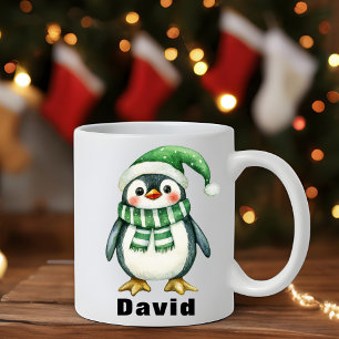 グリーンパーソナライズされたハットペンギン名前をカスタムするマグ コーヒーマグカップ