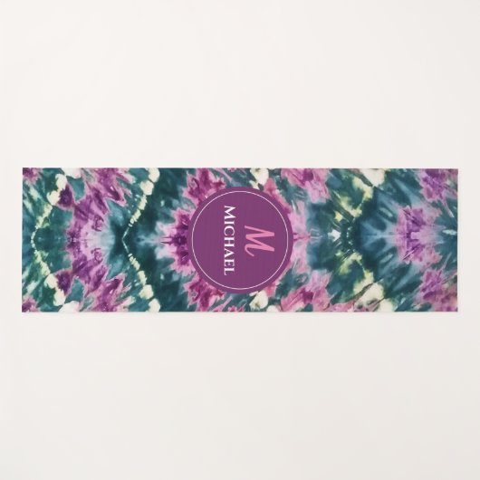 グリーンパーソナライズされたパープルホワイトバリろうけつ染め絞り染め ヨガマット (正面(横))