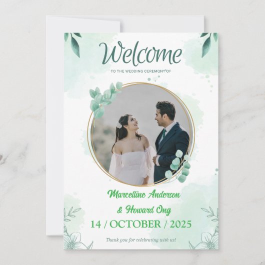 グリーンパーソナライズされたフローラユーカリ結婚プス 招待状 (正面)