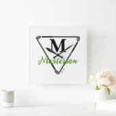 グリーンパーソナライズされたモノグラム/ネームユニークゴルフクラブ スクエア壁時計 (ホーム)