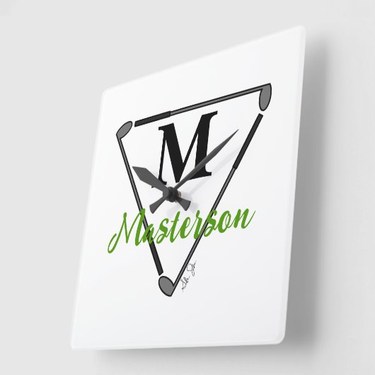 グリーンパーソナライズされたモノグラム/ネームユニークゴルフクラブ スクエア壁時計 (傾斜)