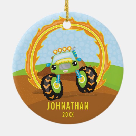 グリーンパーソナライズされたモンスター·トラック·ボーイ·クリスマス セラミックオーナメント (裏面)