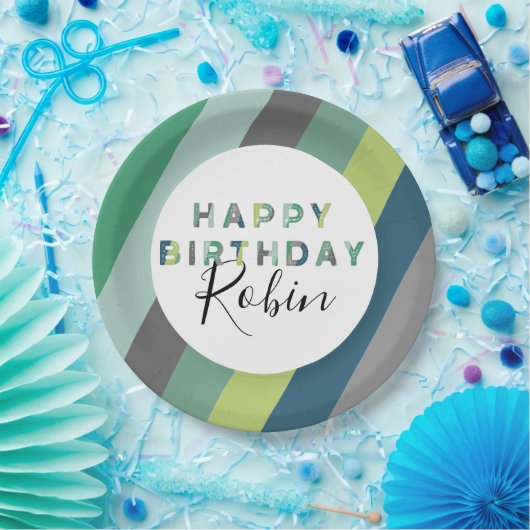 グリーンパーソナライズされたレターストライプの誕生パーティー ペーパープレート (パーティー)