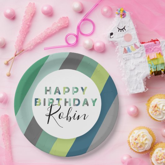 グリーンパーソナライズされたレターストライプの誕生パーティー ペーパープレート (パーティー)