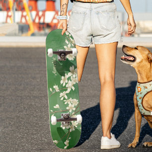 グリーンパーソナライズされた春ホワイトフラワーズスケートボード スケートボード