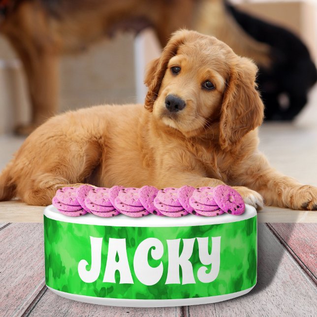 グリーンパーソナライズされた絞り染めの犬または猫の名前 ボウル (クリエイターアップロード済み)