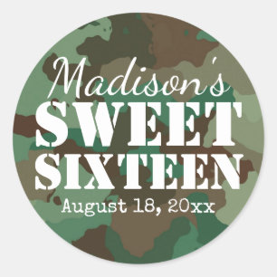 グリーンパーソナライズされた迷彩柄Sweet sixteen誕生日 ラウンドシール