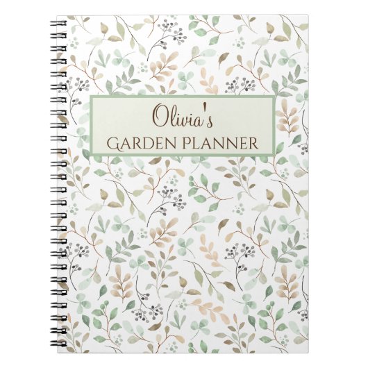 グリーンパーソナライズされた&ブラウンフローラガーデンプランナー ノートブック (正面)