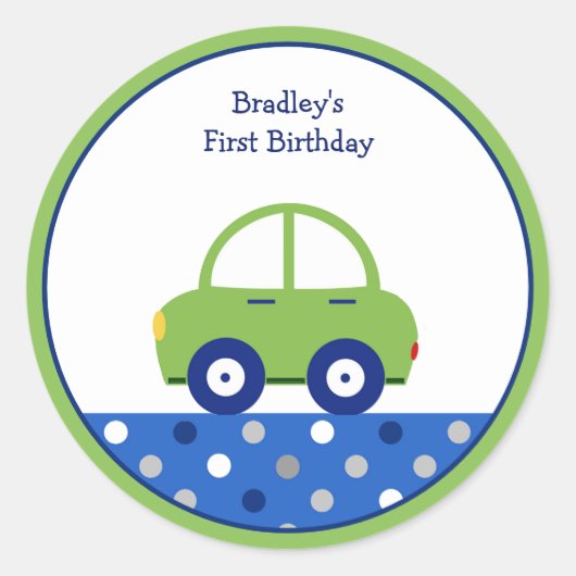 グリーンパーソナライズされた&ブルーカーファースト誕生日 ラウンドシール (正面)