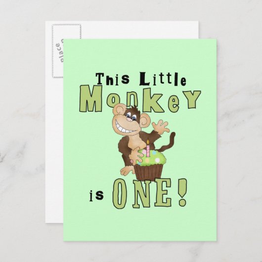 グリーンパーティーモンキー1st誕生日Tシャツとギフト インビテーションポストカード (正面/裏面)