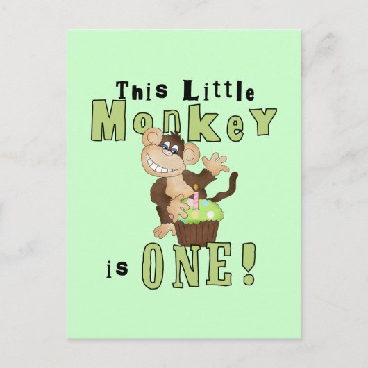 グリーンパーティーモンキー1st誕生日Tシャツとギフト インビテーションポストカード (正面)