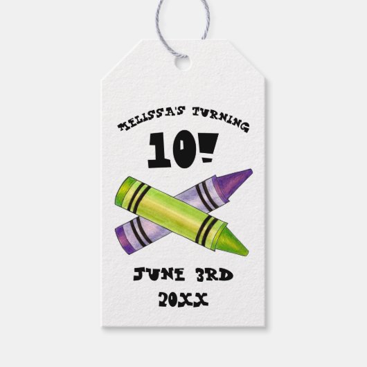 グリーンパープルアーティストクレヨン子供の誕生日パーティー ギフトタグ (正面)