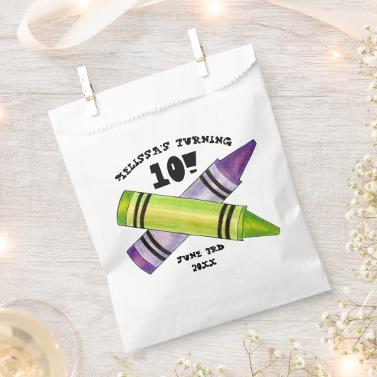 グリーンパープルアーティストクレヨン子供の誕生日パーティー フェイバーバッグ (クリップ留めされた状態)