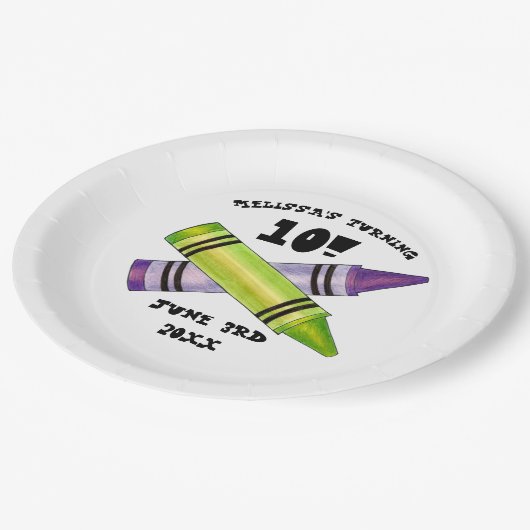 グリーンパープルアーティストクレヨン子供の誕生日パーティー ペーパープレート (アングル)