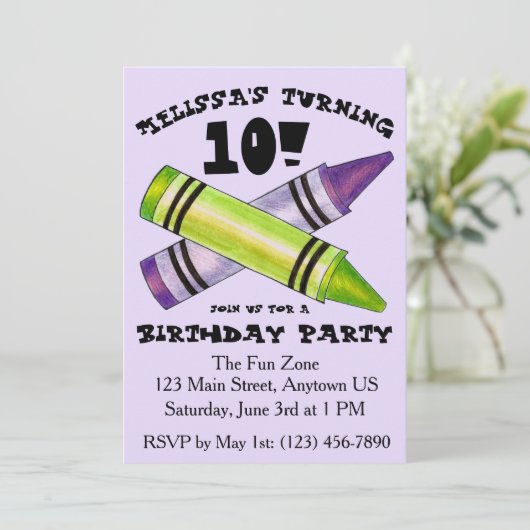 グリーンパープルアーティストクレヨン子供の誕生日パーティー 招待状 (スタンド正面)