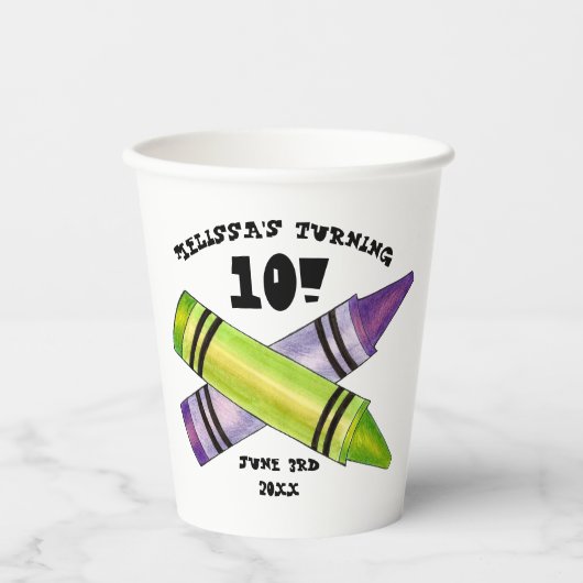 グリーンパープルアーティストクレヨン子供の誕生日パーティー 紙コップ (正面)