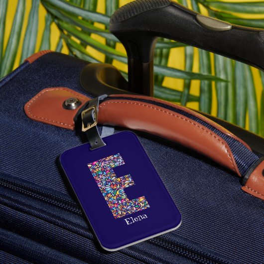 グリーンパープルイエローフローラモノグラムイニシャルEブルー ラゲッジタグ (正面インサイチュ1)