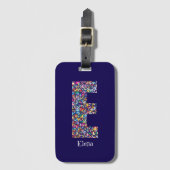 グリーンパープルイエローフローラモノグラムイニシャルEブルー ラゲッジタグ (正面縦)
