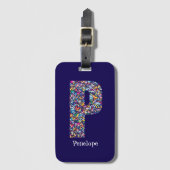 グリーンパープルイエローフローラモノグラムイニシャルPブルー ラゲッジタグ (正面縦)