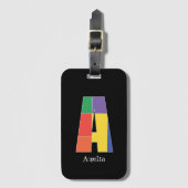 グリーンパープルイエローレッドモノグラムイニシャルAブラック ラゲッジタグ (正面縦)