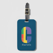 グリーンパープルイエローレッドモノグラムイニシャルCブルー ラゲッジタグ (正面縦)