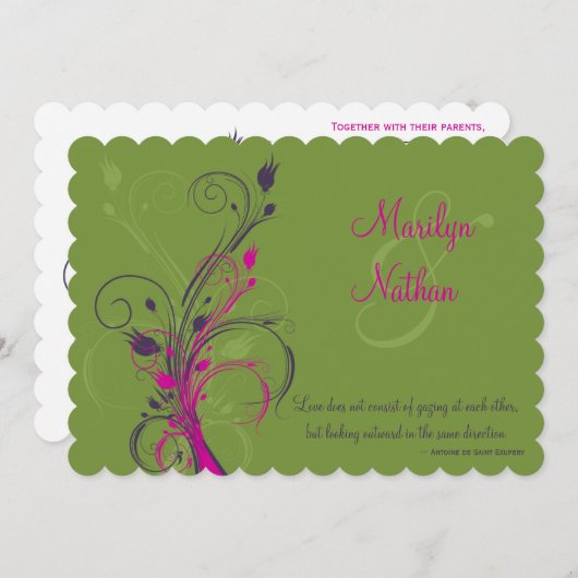 グリーンパープルピンクホワイトフローラ結婚式招待状 招待状 (正面/裏面)