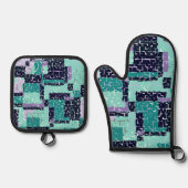 グリーンパープルポットホルダーとオーブンミッツ抽象芸術 鍋つかみ&鍋敷きセット (正面)