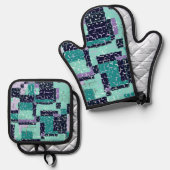 グリーンパープルポットホルダーとオーブンミッツ抽象芸術 鍋つかみ&鍋敷きセット (正面/裏面)