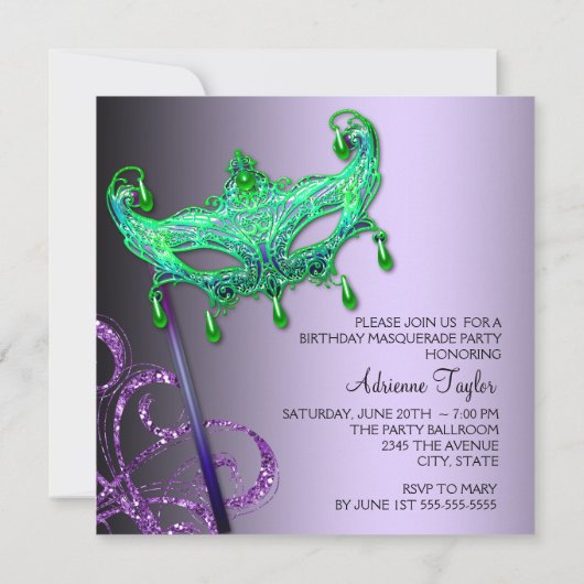 グリーンパープルマスカレードパーティの招待状 招待状 (裏面)