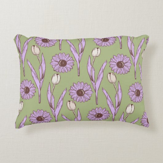 グリーンパープルレトロY2Kヒッピーファンキーフラワーパターン アクセントクッション (正面)