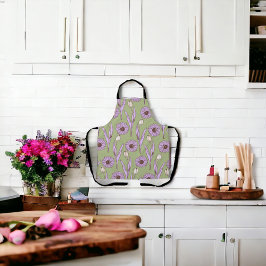グリーンパープルレトロY2Kヒッピーファンキーフラワーパターン エプロン