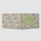 グリーンパープルレトロY2Kヒッピーファンキーフラワーパターン ゲストブック (全面)