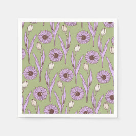 グリーンパープルレトロY2Kヒッピーファンキーフラワーパターン スタンダードカクテルナプキン