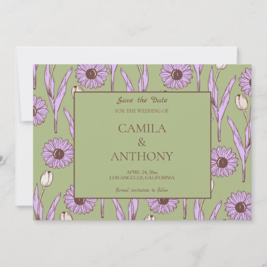 グリーンパープルレトロY2Kヒッピーファンキーフラワーパターン セーブザデート (正面)