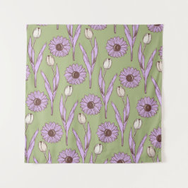 グリーンパープルレトロY2Kヒッピーファンキーフラワーパターン タペストリー