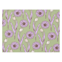 グリーンパープルレトロY2Kヒッピーファンキーフラワーパターン テーブルクロス