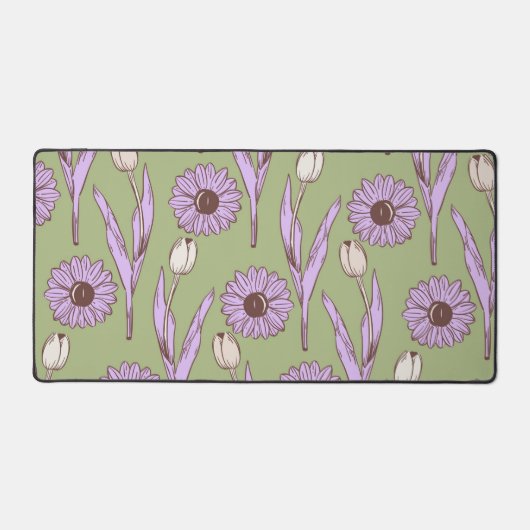 グリーンパープルレトロY2Kヒッピーファンキーフラワーパターン デスクマット (正面)