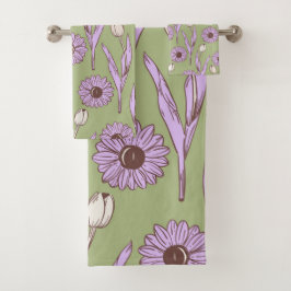 グリーンパープルレトロY2Kヒッピーファンキーフラワーパターン バスタオルセット