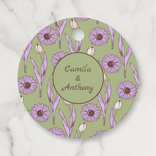 グリーンパープルレトロY2Kヒッピーファンキーフラワーパターン フェイバータグ (正面)