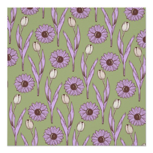 グリーンパープルレトロY2Kヒッピーファンキーフラワーパターン ポスター (正面)