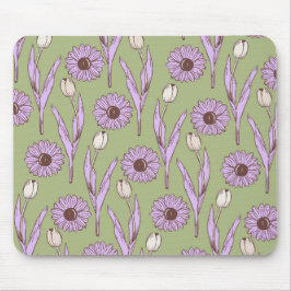 グリーンパープルレトロY2Kヒッピーファンキーフラワーパターン マウスパッド