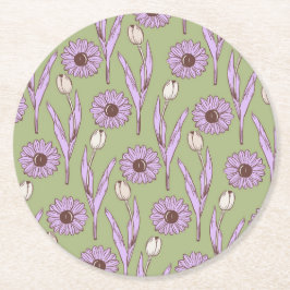 グリーンパープルレトロY2Kヒッピーファンキーフラワーパターン ラウンドペーパーコースター