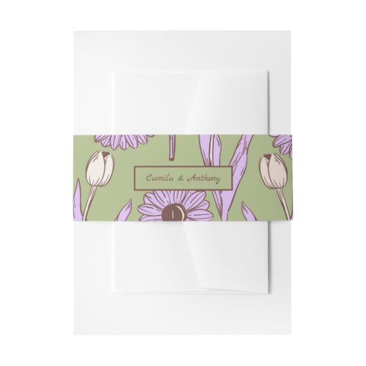 グリーンパープルレトロY2Kヒッピーファンキーフラワーパターン 招待状ベリーバンド (正面例)