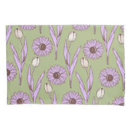 グリーンパープルレトロY2Kヒッピーファンキーフラワーパターン 枕カバー