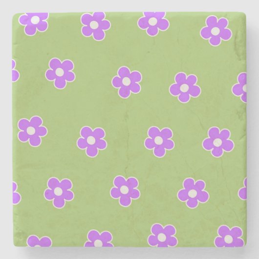 グリーンパープルレトロY2K花柄 ストーンコースター (正面)