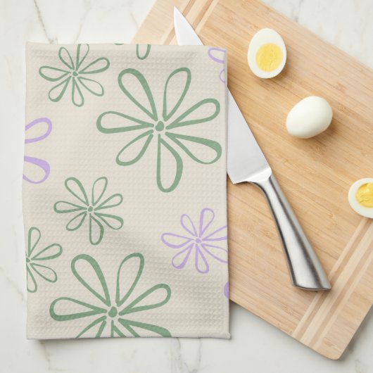 グリーンパープル熱帯フローラの夏 キッチンタオル (四つ折り)