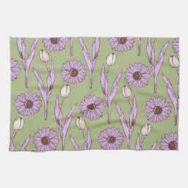 グリーンパープル熱帯フローラの夏 キッチンタオル